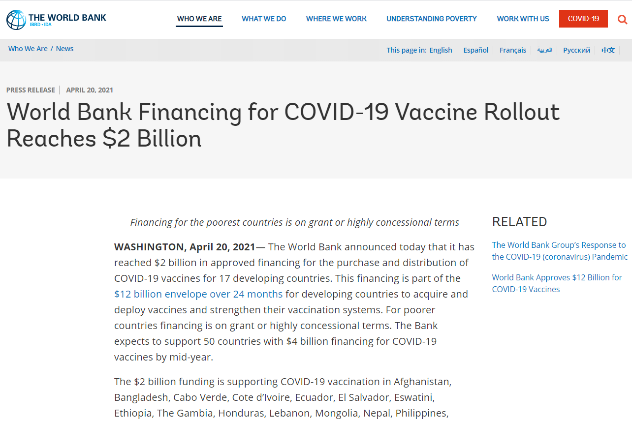 World Bank Financing for COVID-19 Vaccine Rollout Reaches $2 Billion